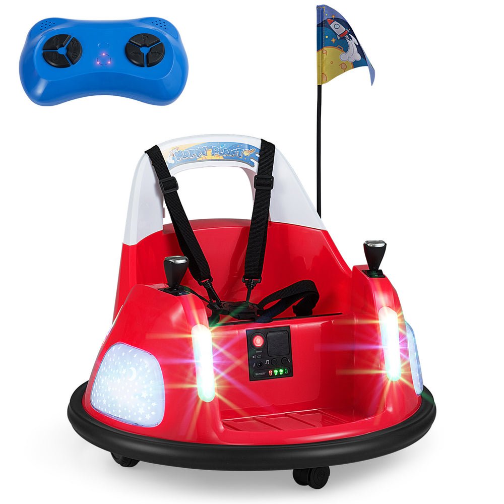 Red 12V kids ride-on bumper car with remote control, flashing lights, and safety features for indoor and outdoor fun.