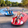 Kids ride-on bumper cars in red and blue with flashing lights, remote control, and dual joystick for 360° spinning fun.