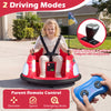 Red 12V kids ride-on bumper car with remote control, dual joysticks, flashing lights, and 5-point seat belt for safety.