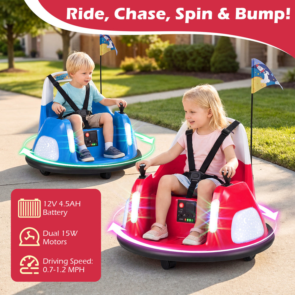 Red 12V kids ride-on bumper car with a soft bumper, high back design, and glow-in-the-dark lights for secure outdoor.