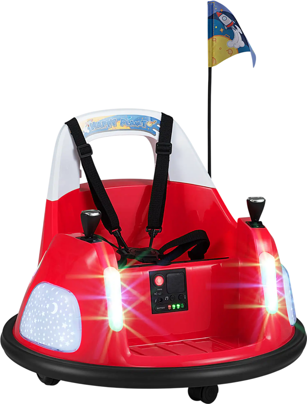Red 12V kids ride-on bumper car with 5 light modes and music features for exciting indoor and outdoor adventures.