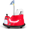 Red 12V kids ride-on bumper car showcasing glowing lights, a fun flag, and soft bumper for safe, exciting rides.
