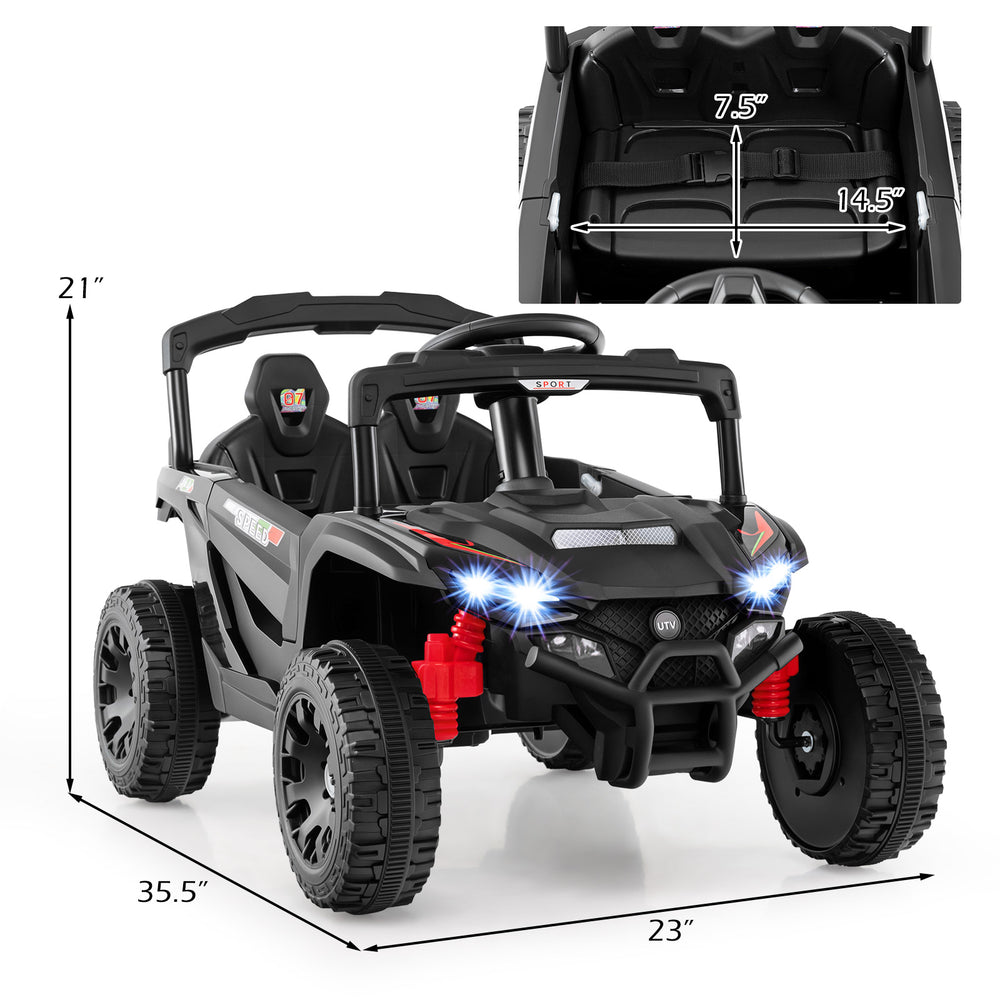 12V kids ride-on UTV electric vehicle in black with LED lights, featuring a parent remote control and safety belt.