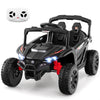 Black 12V kids ride-on UTV with LED lights, remote control, and safety features for fun outdoor driving.