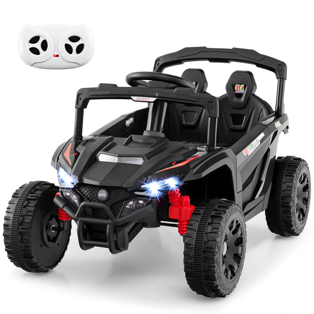 Black 12V kids ride-on UTV with LED lights, remote control, and safety features for fun outdoor driving.