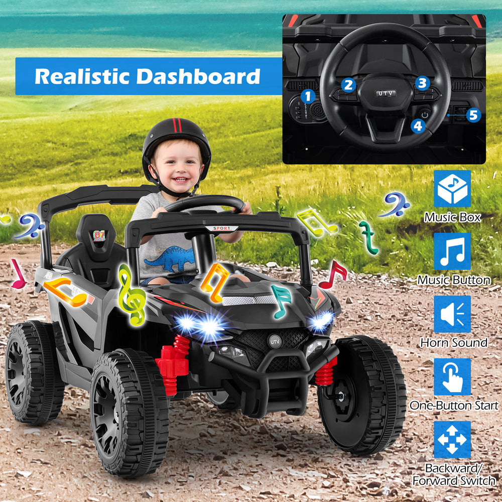 Kids ride-on UTV electric vehicle in black with realistic dashboard, LED lights, music button, and safety features.
