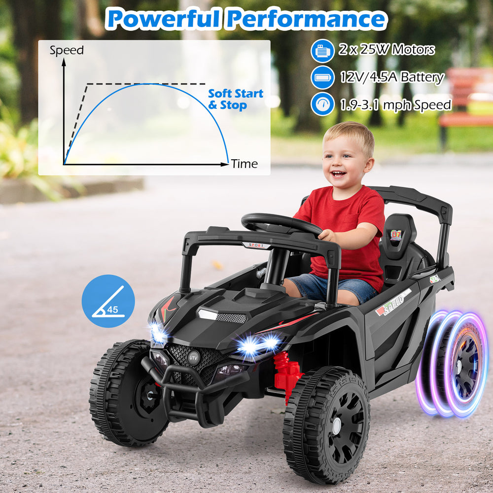 Kids ride-on UTV electric vehicle in black with LED lights, featuring remote control, safety belt, and anti-skid wheels.