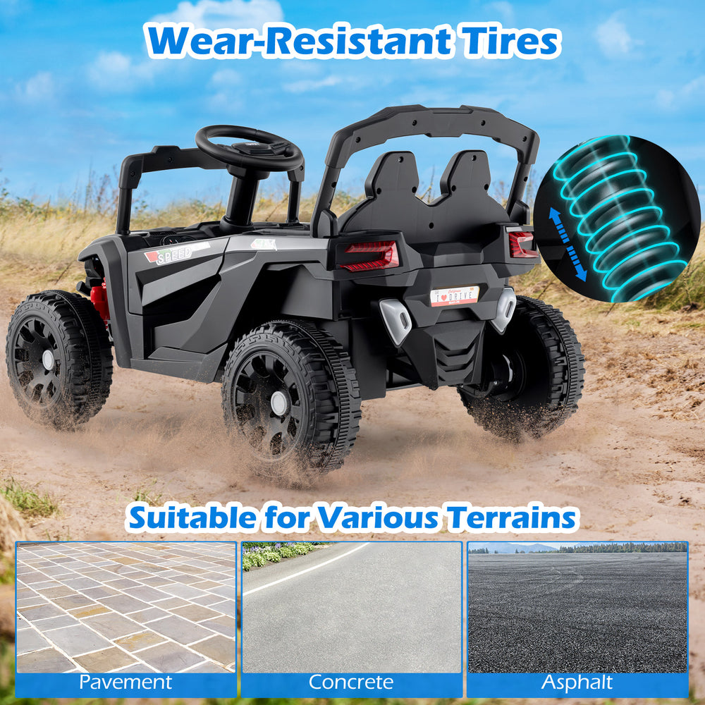 Kids ride-on car UTV with wear-resistant tires, suitable for various terrains like pavement and concrete, featuring LED.