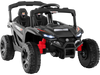 12V kids ride-on UTV electric vehicle in black with LED lights, music, remote control, and safety features for outdoor.