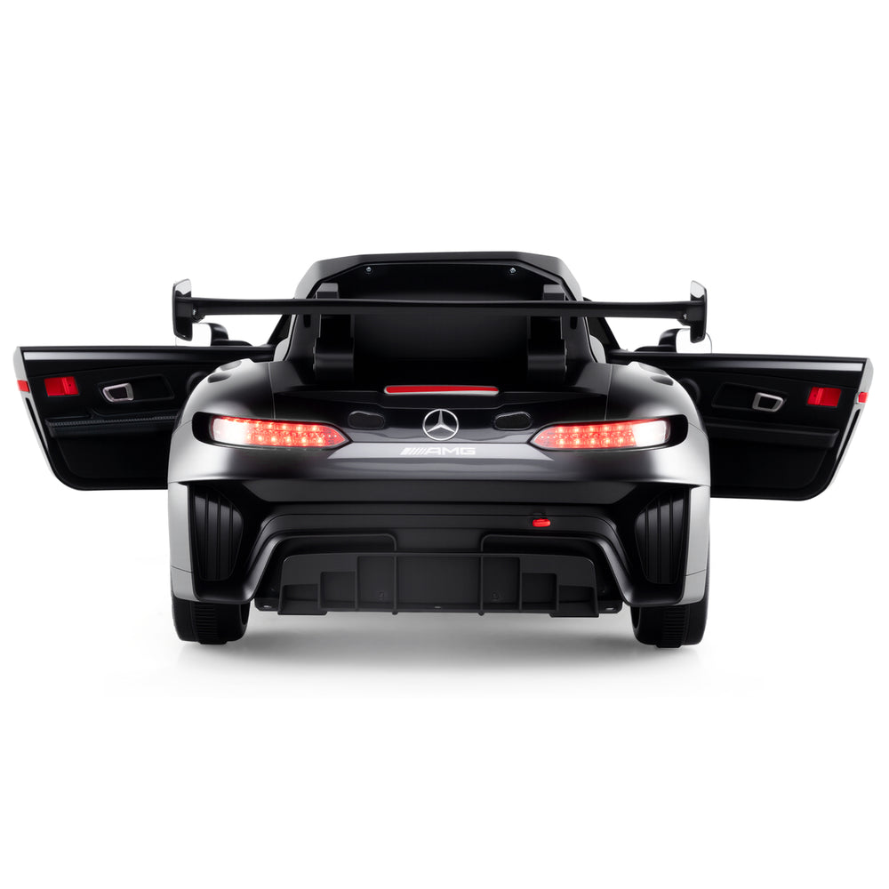Black 12V Kids Ride-On Car Mercedes-AMG GT3 with open doors, LED lights, and adjustable speed for safe driving fun.