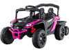 Battery-powered ride-on tractor in black and pink with parent remote control, detachable trailer, and LED headlights.