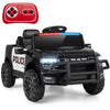 Black 12V kids ride-on car with police lights, remote control, and safety features for fun outdoor play.