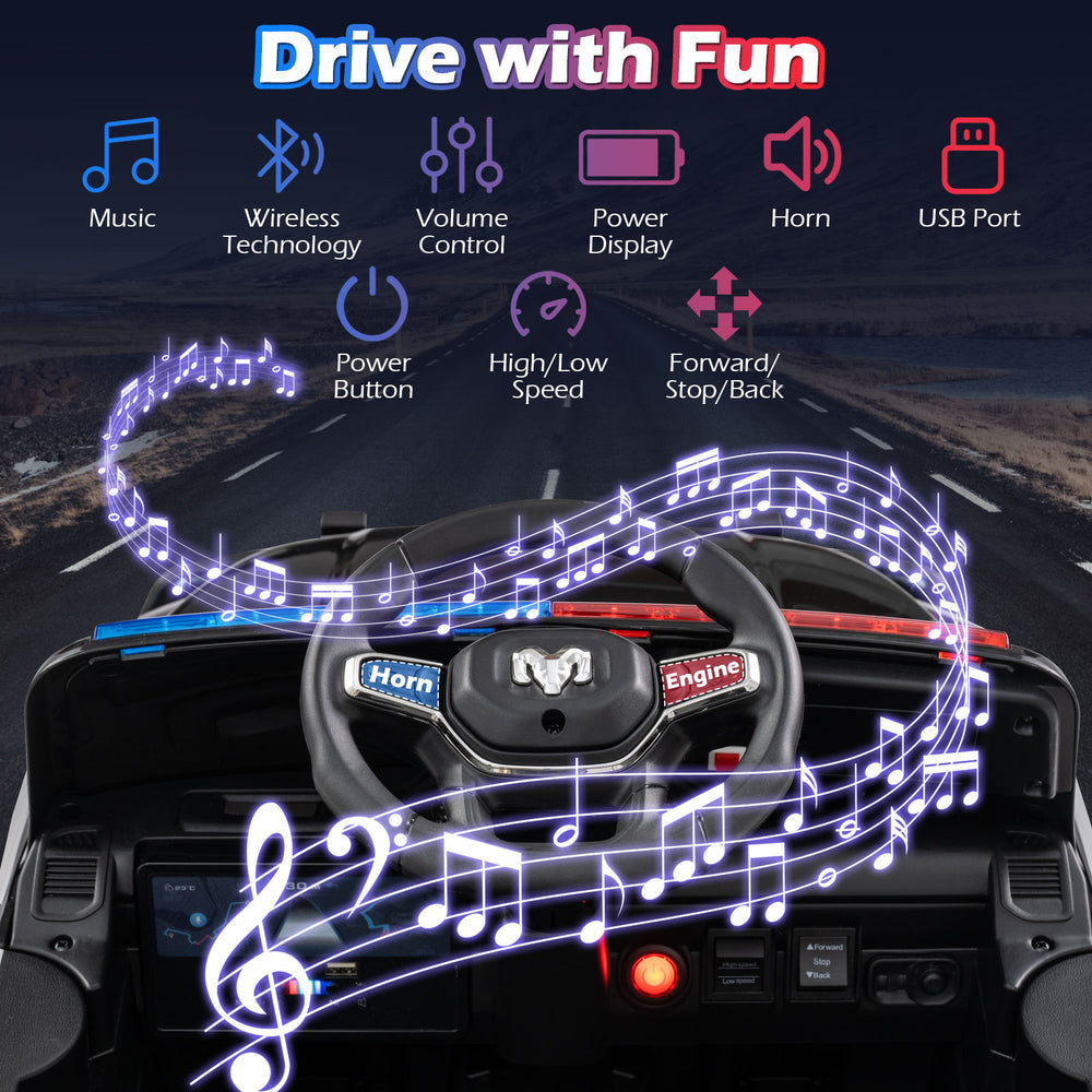 Dashboard view of the 12V RAM 3500 kids ride-on car featuring music, wireless controls, and power display for fun.