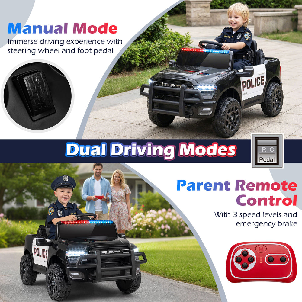Black 12V kids ride-on car with police lights, remote control, and safety features for outdoor fun.