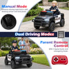 Black 12V kids ride-on car with police lights, remote control, and safety features for outdoor fun.