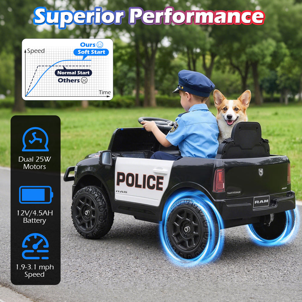 Kids ride-on car in black, licensed RAM 3500 with police lights, remote control, and dual motors for ages 3-8.