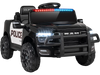 Black 12V RAM 3500 kids ride-on car with police lights, remote control, and safety features for fun outdoor play.