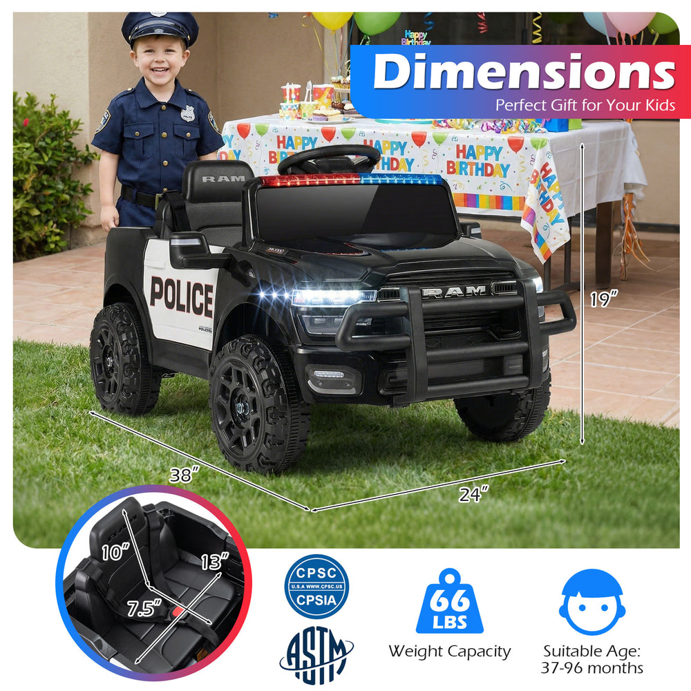 Black 12V kids ride-on car with police lights, remote control, and safety features for ages 37-96 months.