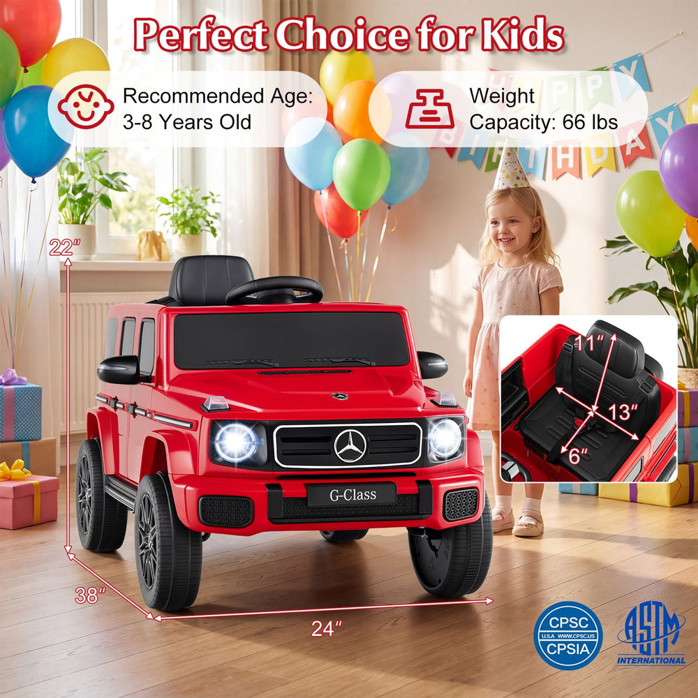 Red licensed Mercedes Benz EQG 580 kids ride-on car for ages 3-8, featuring remote control and dual motors for high performance.