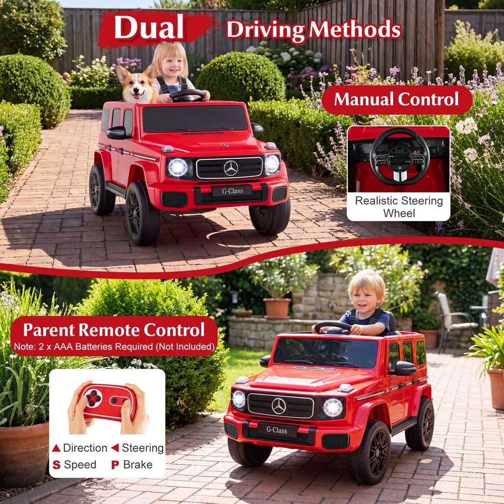 Red licensed Mercedes Benz EQG 580 kids ride-on car with manual and remote control, designed for ages 3-8 years.