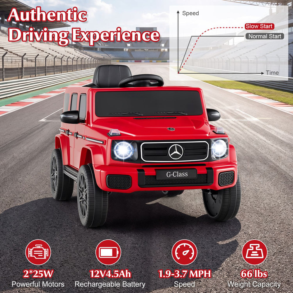 Licensed Mercedes Benz EQG 580 kids ride-on car in red features dual motors, three speeds, and parent remote control for safe fun.