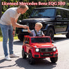 Red licensed Mercedes Benz EQG 580 kids ride-on car with remote control, designed for children aged 3-8 years.