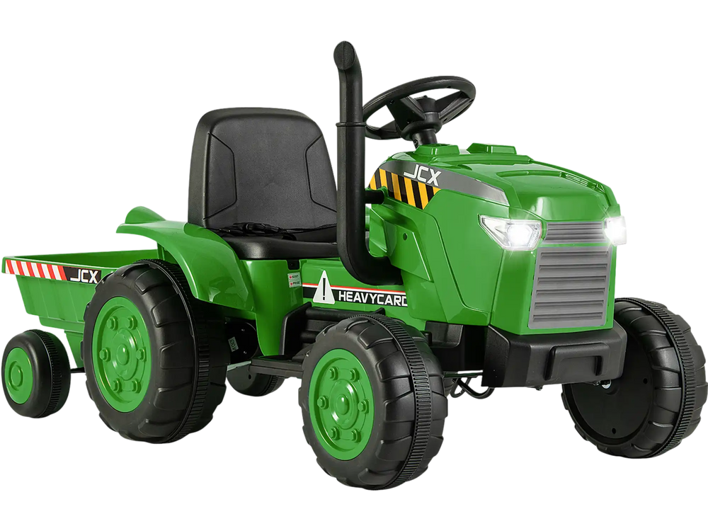 Green 12V kids ride-on tractor with detachable trailer, remote control, and multifunctional design for outdoor fun.