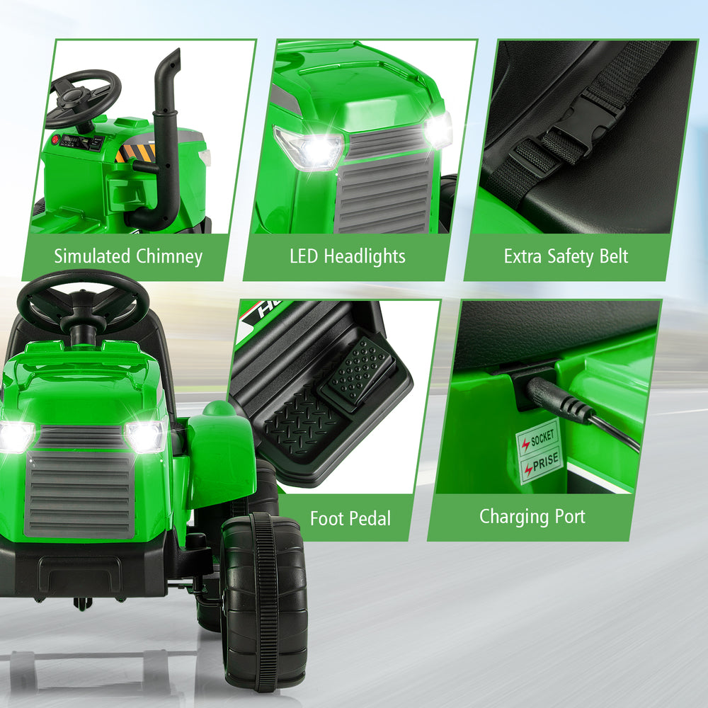 Close-up of the 12V Kids Ride On Tractor's LED headlights, foot pedal, and charging port for safe and fun play.