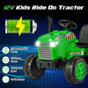 Kids ride-on tractor in green with detachable trailer, 12V battery, and remote control for safe outdoor fun.