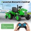 Green 12V kids ride-on tractor with detachable trailer and parental remote control for safe outdoor fun.