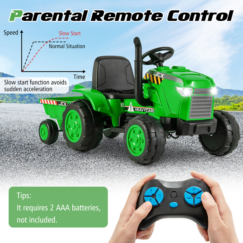 Green 12V kids ride-on tractor with detachable trailer and parental remote control for safe outdoor fun.