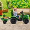 Kids ride-on tractor in grayish green with detachable trailer, perfect for outdoor play and fun storage.