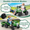 Kids ride-on tractor in grayish green with detachable trailer, featuring parent control and two driving modes for ages.