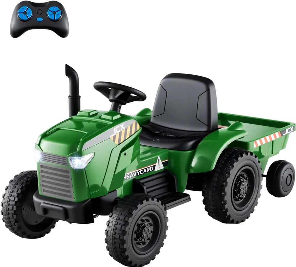 Kids ride-on tractor in grayish green with detachable trailer and remote control, designed for ages 3-8 years.