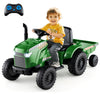 Kids ride-on tractor in grayish green with detachable trailer, remote control, and anti-slip EVA wheels for ages 3-8.