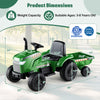 Kids ride-on tractor with trailer, grayish green, featuring 3-gear shift, suitable for ages 3-8, with 66 lbs capacity.