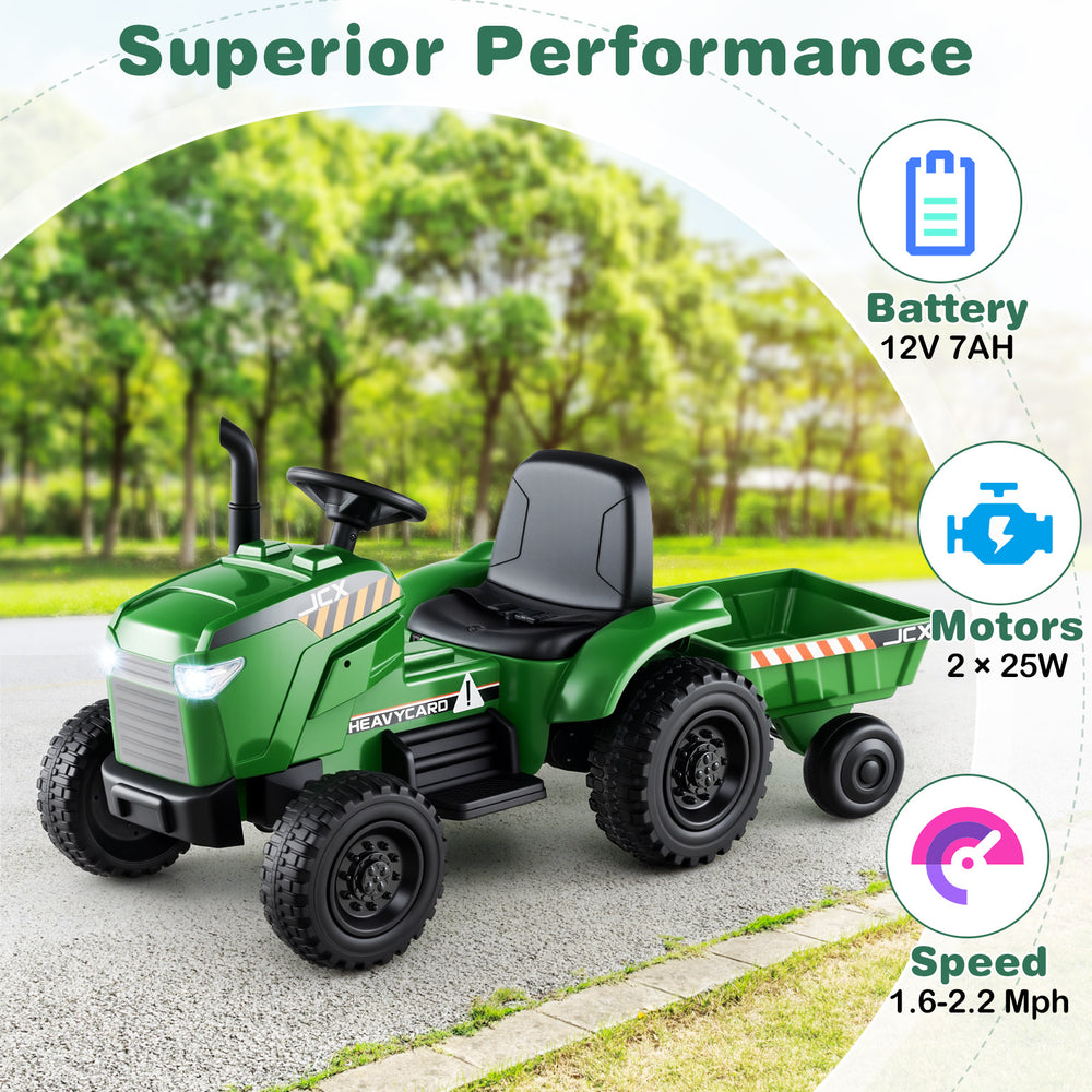 Kids 12V ride-on tractor in grayish green with detachable trailer, featuring 2 motors and 3-speed settings for safe.