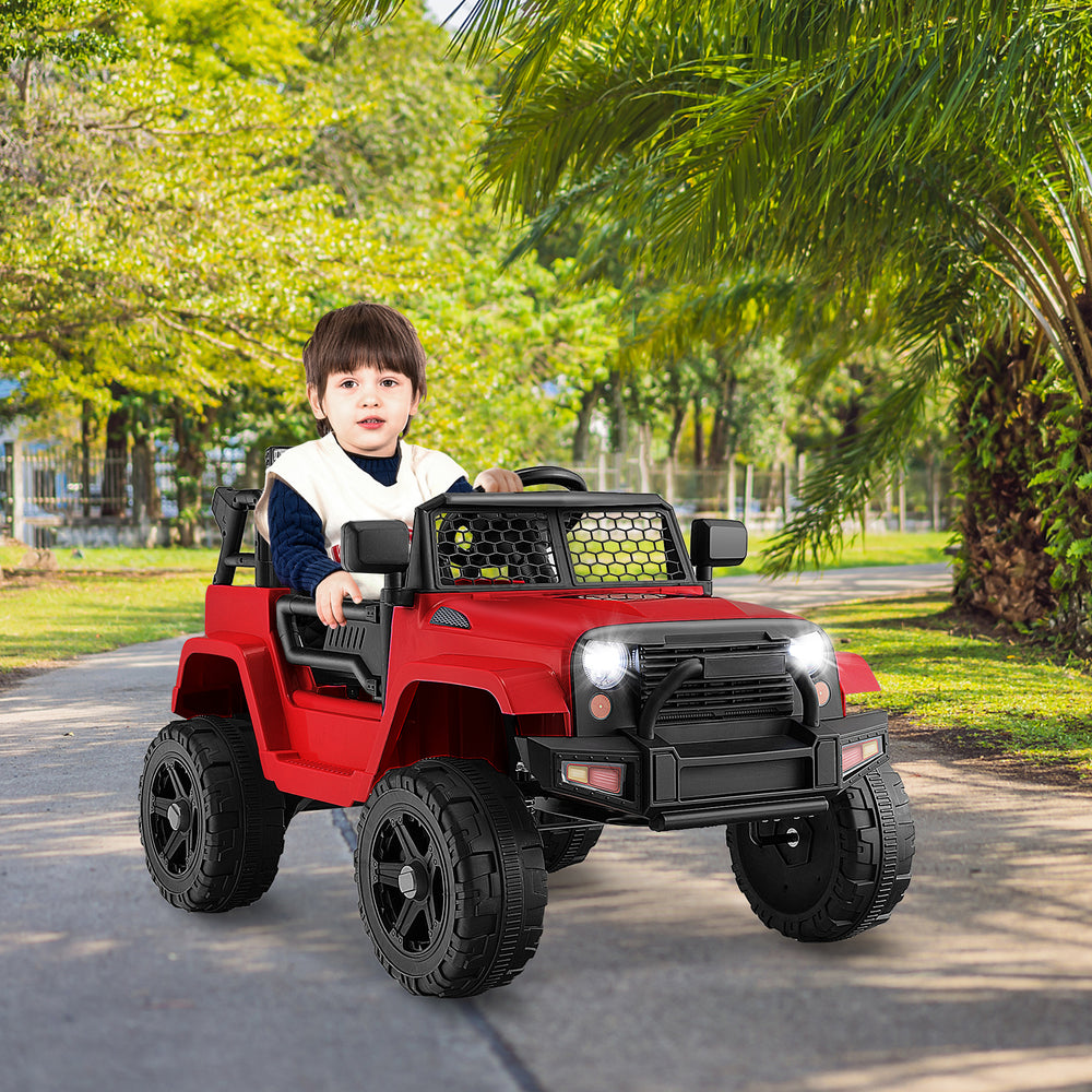 Red 12V kids ride-on truck with remote control, headlights, and safety features, perfect for outdoor fun.