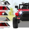 Red 12V kids ride-on truck featuring bright headlights, 180° rotatable mirror, and remote control for parents.