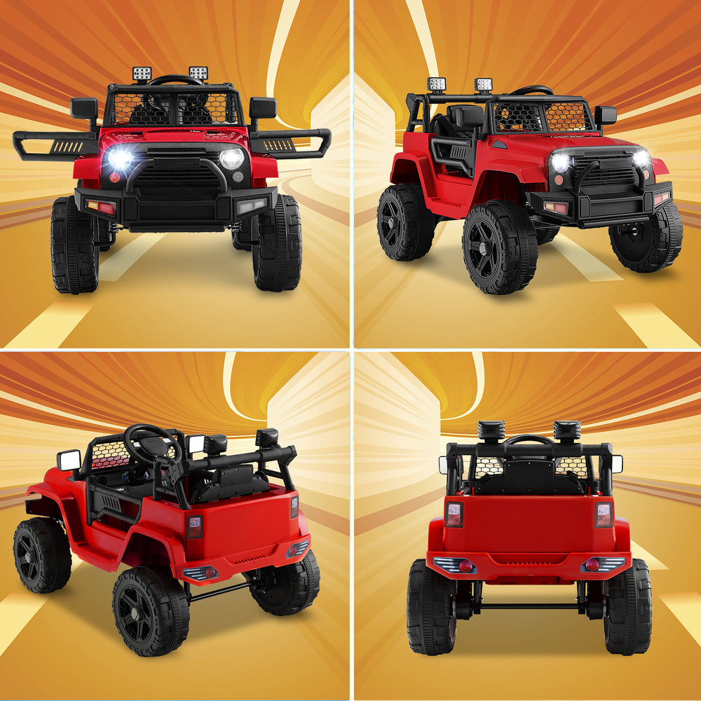 12V red kids ride-on truck with remote control, headlights, and safety features for a fun and secure driving experience.