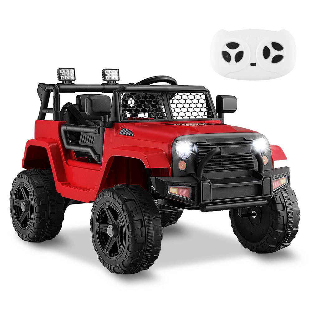 Red 12V kids ride-on truck with remote control, headlights, and safety features for smooth driving and fun.