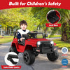 12V red kids ride-on truck with remote control, seat belt, and safe door locks for secure outdoor fun.