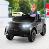 Kids ride-on Land Rover car in black with LED lights, remote control, and lockable doors for safe outdoor fun.