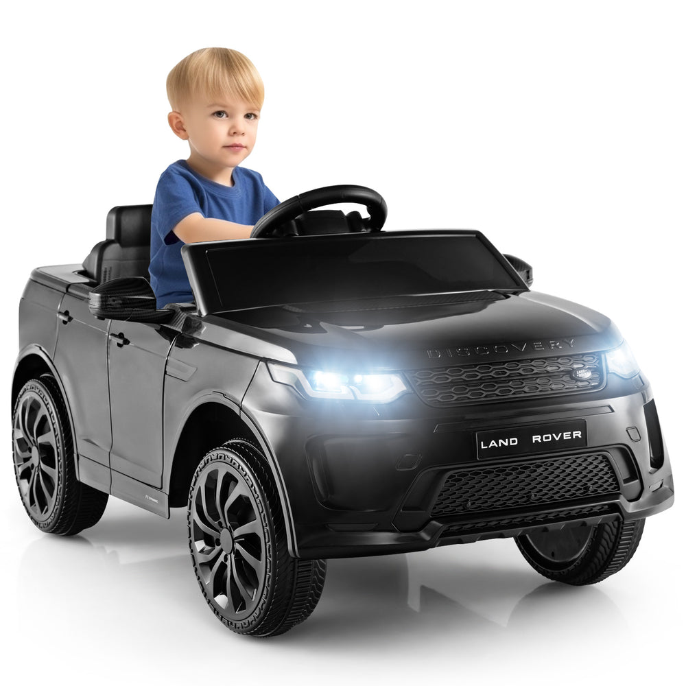Kids ride-on Land Rover car in black with remote control, LED lights, and realistic design for safe outdoor fun.