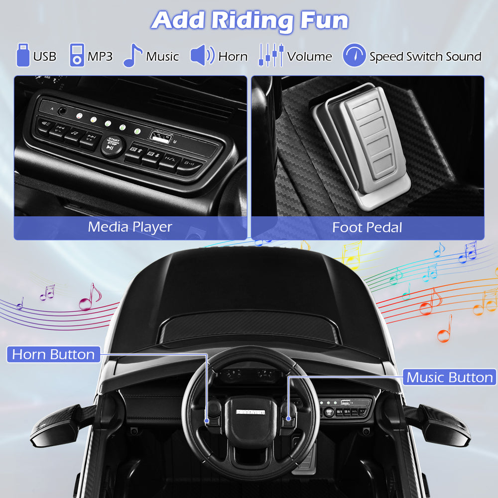 Media player and foot pedal controls of the 12V Kids Ride On Car with remote control and LED lights.