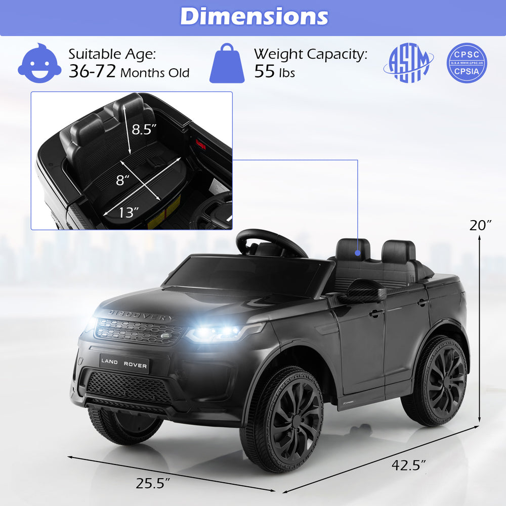 Dimensions of the 12V Kids Ride On Car with remote control, featuring lockable doors and LED lights, suitable for ages.