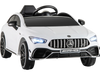 Kids ride-on car Mercedes-Benz AMG CLA 45 in white, featuring LED lights, remote control, and adjustable safety belt.