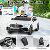 Kids ride-on car in white, featuring steering wheel, foot pedal, and remote control for safe driving and entertainment.