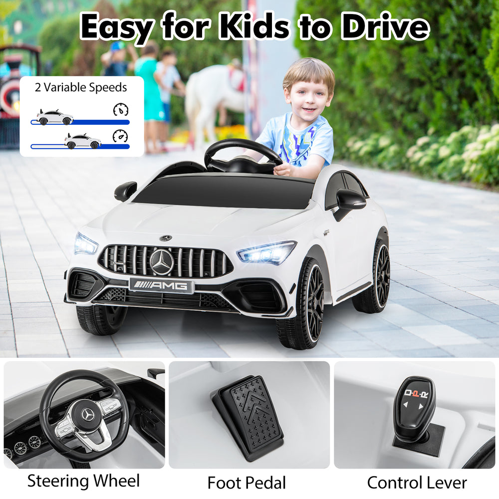 Kids ride-on car in white, featuring steering wheel, foot pedal, and remote control for safe driving and entertainment.