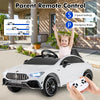 White 12V kids ride-on car Mercedes-Benz AMG CLA 45 with remote control, featuring 3 speed settings and LED lights.